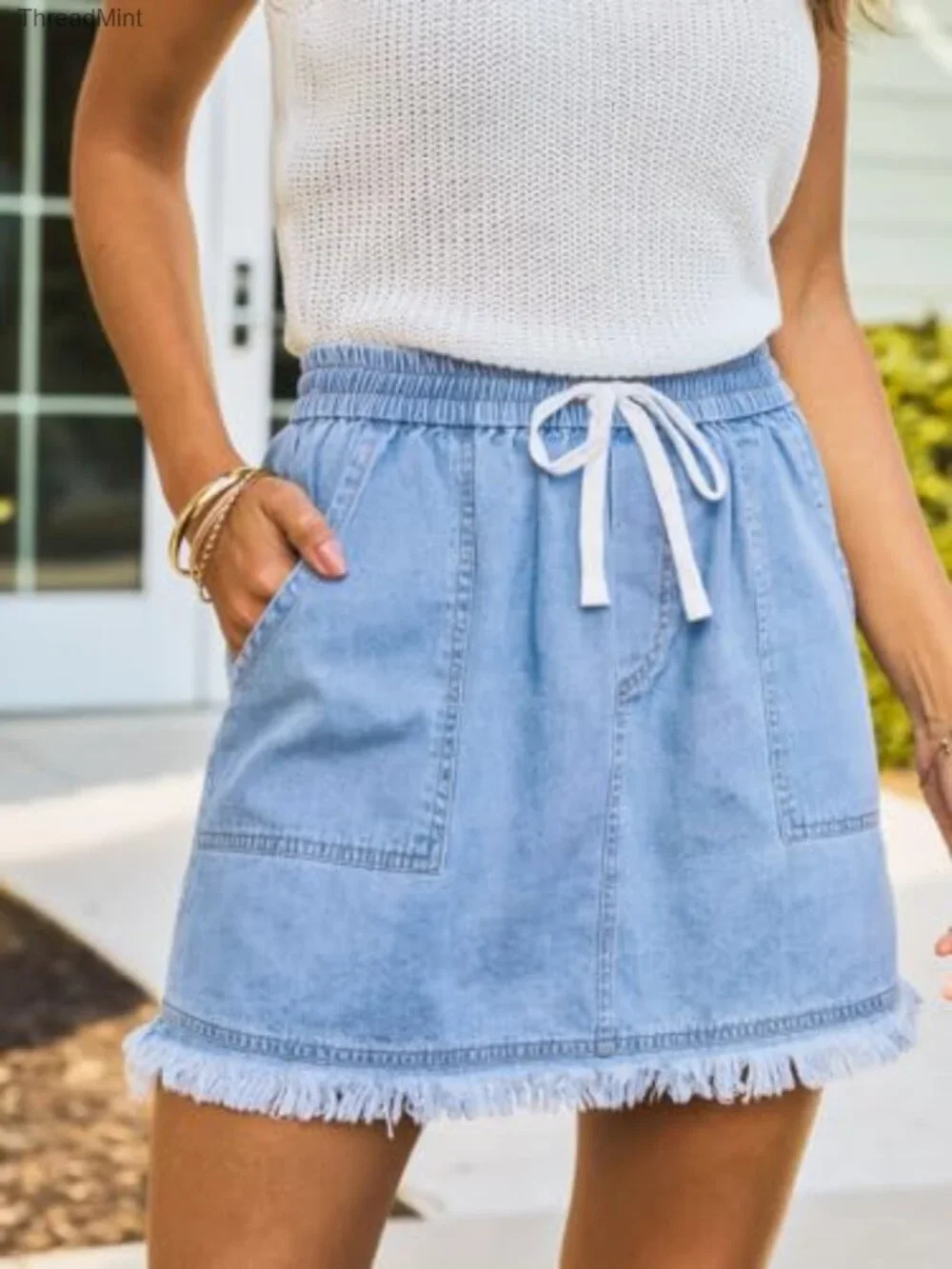 Women's Denim Mini Skirt High Waist Drawstring Elastic Casual